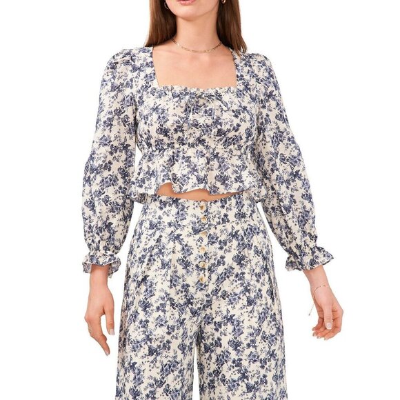 Chelsea & Violet Floral Wide Pants Button Fly Cotton Linen Blue White Women's 4 - Picture 9 of 9